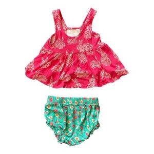 #056,Posh Peanut Pink and Green Kids Dress Set, size 3-6 mo